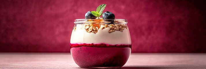 Colorful jar breakfast features layers of yogurt, granola, and fresh fruits like blueberries, served on a rustic wooden table with a warm backdrop, banner