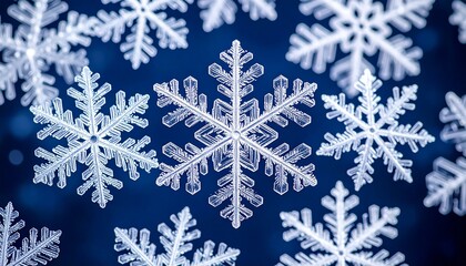 Individual snowflake crystals magnified showing intricate ice formations, pristine white against midnight blue, winter precision 