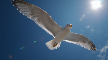 Naklejka premium Seagull Flying in Bright Blue Sky with Sunlight 
