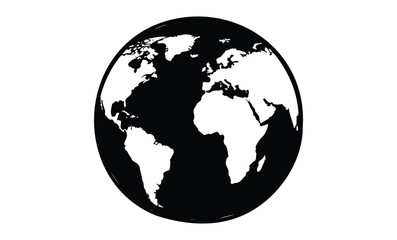 Simple black and white silhouette of earth globe showing continents. Vector retro hand drawn illustration.