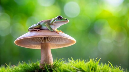 A small green amphibian perched atop a mushroom in a vibrant, lush green meadow, basking in the soft sunlight