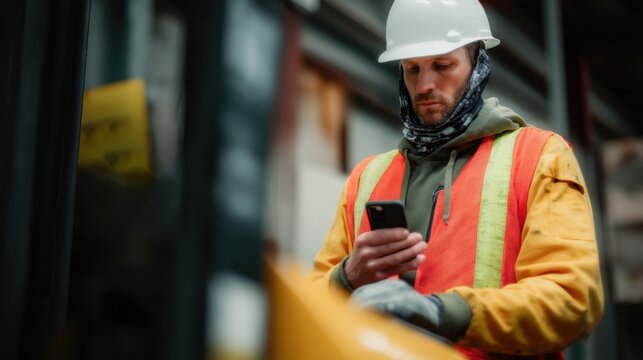 Construction worker in hard hat and safety vest uses smartphone while operating machinery, showcasing blend of technology and safety in workplace