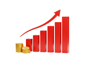 Isolated Bar Graph with Red Arrow and Gold Coins