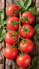 Shiny wet tomatoes with leaves, top-down angle, rustic feel and bright red color, mobile wallpaper
