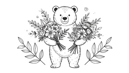 Cute bear holding flowers