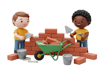 Isolated Construction Scene with Bricklayers Building Wall