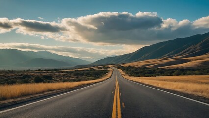 Fototapeta premium An empty asphalt highway stretches straight through a vast desert valley towards the mountains under a dramatic sky, inviting a solitary journey