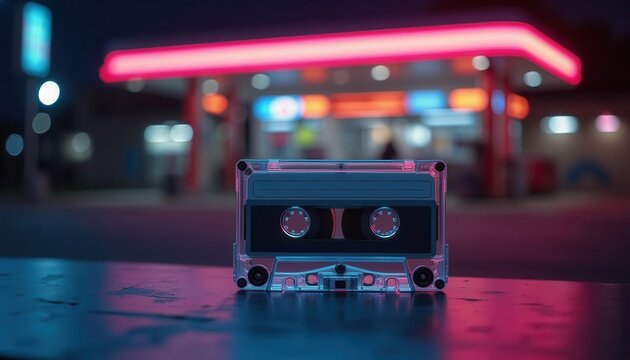 Retro cassette tape with neon lighting in a futuristic urban night setting, featuring vibrant colors and bokeh effects