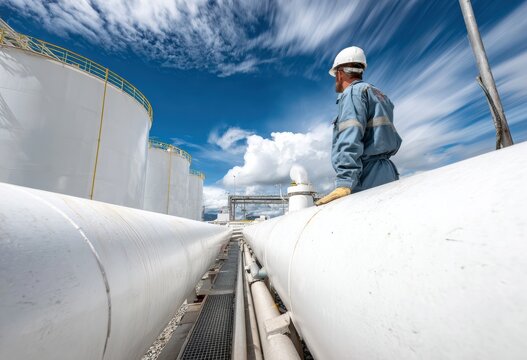 Photo of oil and gas worker in uniform, observing large storage tanks and pipelines under dramatic sky. scene conveys sense of industry and dedication