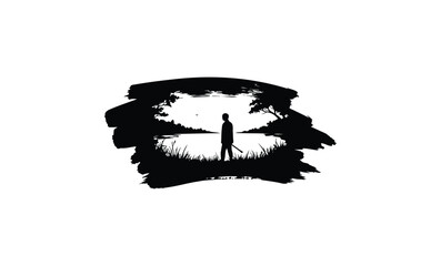 Silhouette of person at tranquil lakeside with trees and birds in black and white. Vector retro hand drawn illustration.