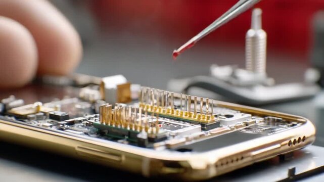 Tech Precision: A close-up shot shows the meticulous repair of a mobile phone's internal components, highlighting the precision and intricacy of the modern technology repair.