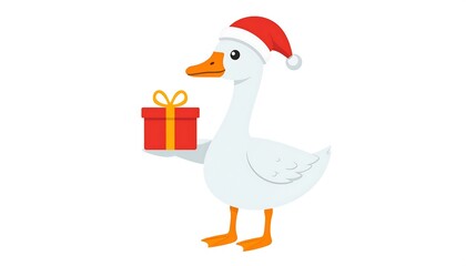 Cute goose in a Santa hat holding a gift