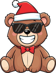 Cute cartoon teddy bear with sunglasses, red bow tie, Christmas hat, smiling face, holiday festive animal character, winter illustration design