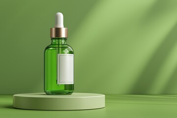 Green glass dropper bottle with blank label on a beige podium in minimal natural light setting
