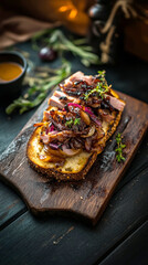Deliciously crafted toasts feature a generous serving of tender beef topped with a savory sauce. The warm wooden board complements the inviting atmosphere and highlights the dish