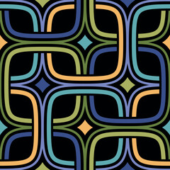Seamless geometric pattern with a multicolored grid of intersecting square rings on a black background. Retro style. Abstract vector illustration for textile, fabric, wallpaper, and wrapping.