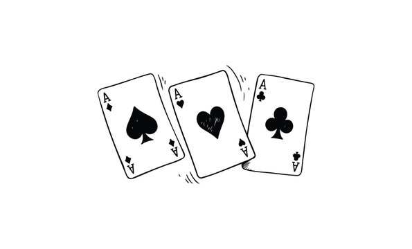 Black and white illustrations of three ace playing cards. Vector retro hand drawn illustration.
