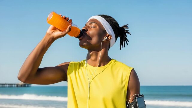 An athletic african american man wearing a yellow tank top and headband drinks from an orange sports drink bottle on a sunny beach