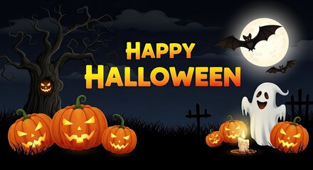 Happy Halloween text illustration with carved pumpkins, ghost, bats, bare tree, and full moon on a dark night background.