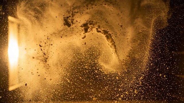 Abstract suspended particles illuminated by warm light in motion  