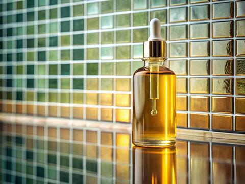 Golden elixir dropper oil bottle reflecting light against a textured mosaic background