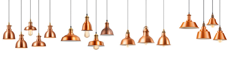 Collection of Copper Pendant Lights Isolated on White, Modern Interior Design