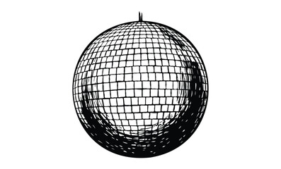 Hand-drawn disco ball sketch with crosshatch shading on white background. Vector retro hand drawn illustration.