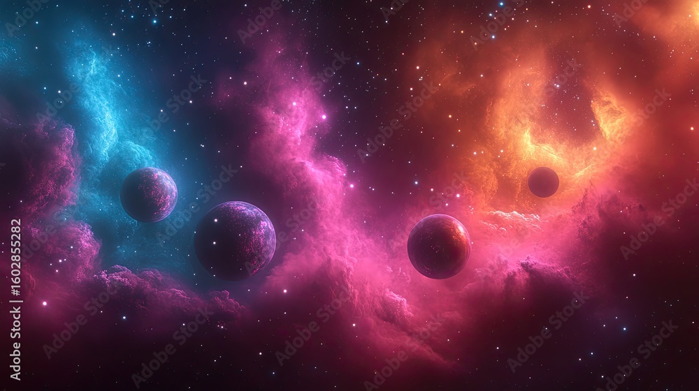 Poster dreamlike space background with multiple orbiting planets, glowing starfields, and a glowing cosmic 
