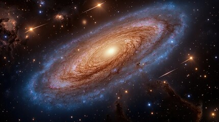 Fototapeta premium Cosmic scene featuring a distant galaxy spiral with shooting stars and glowing stardust in a tranquil void