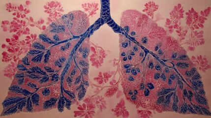 Watercolor painting of lungs, stylized as blossoming trees with blue branches and pink flowers on a pale background, representing the interconnectedness of nature and human anatomy