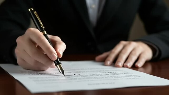 Business professional signing important document at desk