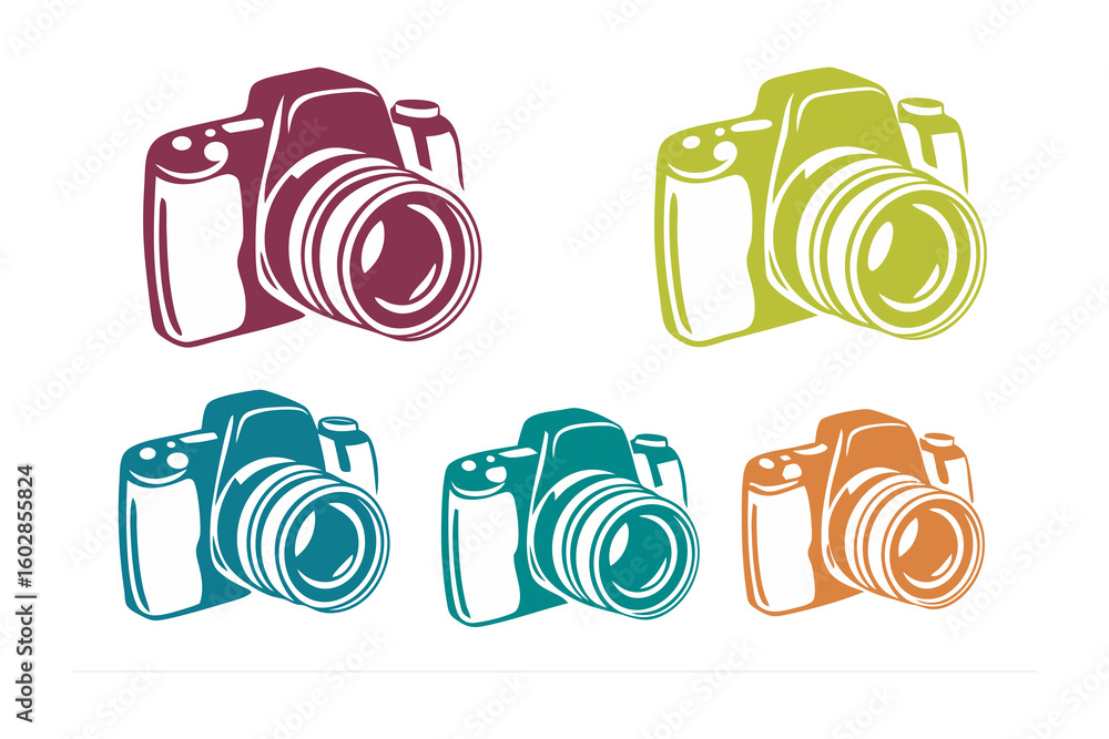 Poster a vibrant collection of five hand drawn dslr cameras in different colorful artistic styles and isola