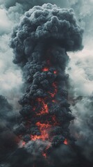 Dramatic Volcanic Eruption with Thick Smoke and Fiery Lava Column