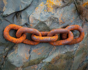 Rusty chain embedded in weathered rocks