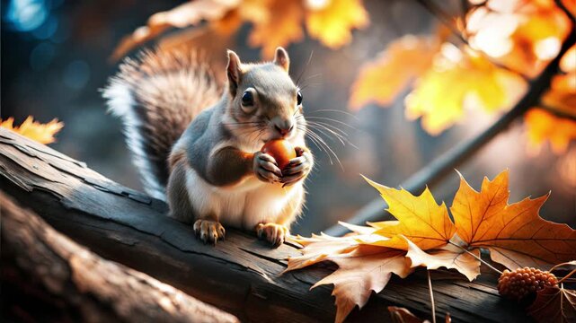 A squirrel gnaws an acorn while sitting on a tree branch among autumn leaves, warm tones and shallow depth of field. A calm forest moment