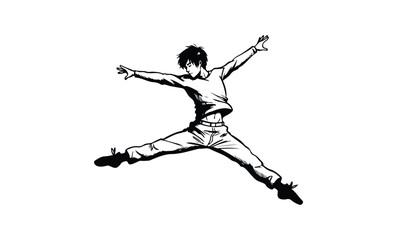 Fototapeta premium Dynamic black and white illustration of a young male in mid-air leap with outstretched arms. Vector retro hand drawn illustration.