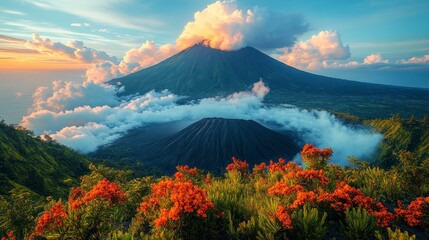Stunning Sunrise Over Bali Volcano with Lush Greenery and Clouds