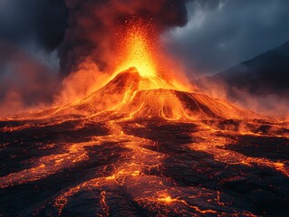 Dramatic Eruption of Volcano Spewing Red Lava Against Dark Sky