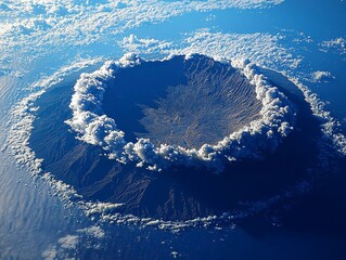 An Aerial View of a Dormant Volcano Surrounded by Clouds and Ocean
