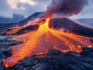 Majestic Volcano Erupting with Flowing Red Lava and Thick Smoke