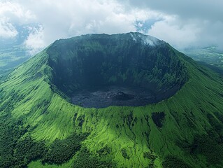 Stunning Aerial View of a Green Volcano Crater Surrounded by Nature