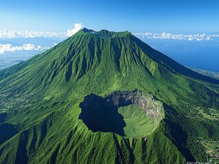 Aerial View of Volcanic Mountain Landscape with Greenery and Sky