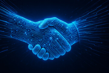 Digital handshake technology partnership business agreement collaboration innovation future tech deal ai