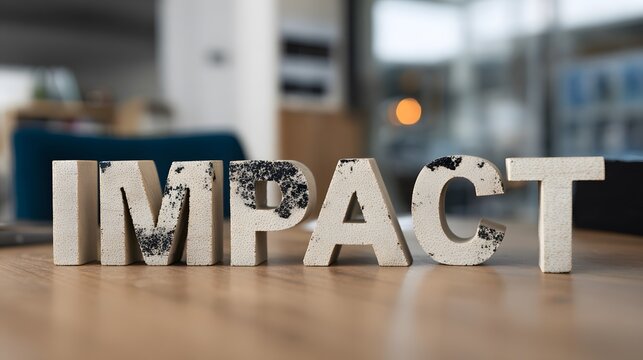 Intricately designed impact wooden letters on a modern office desk with an elegant and dynamic communication backdrop in a refined workspace setting