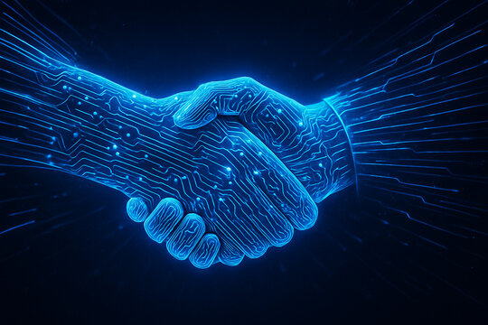 Digital handshake technology partnership business agreement collaboration innovation future tech deal ai