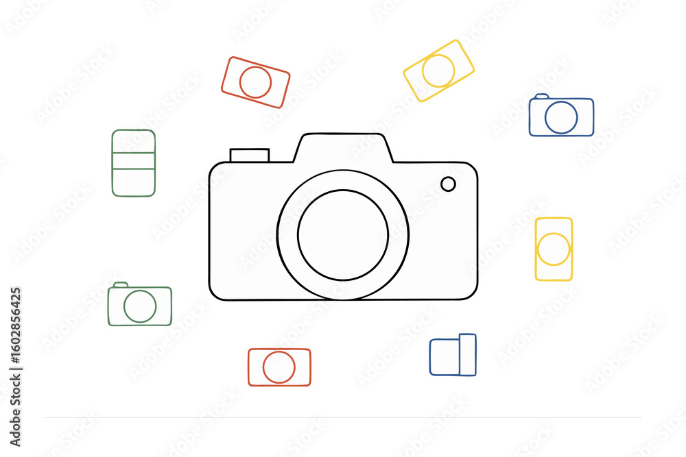 Poster a minimalist line drawing of a digital camera with colorful abstract camera icons scattered around i