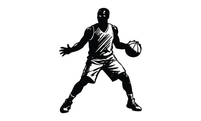Naklejka premium Silhouette of male basketball player dribbling ball in athletic pose. Vector retro hand drawn illustration.