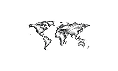 Monochrome hand-drawn world map sketch with detailed continents. Vector retro hand drawn illustration.