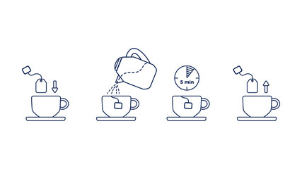 Tea brewing process step by step, vector illustration. Simple flat design for tea, coffee and other beverage packages. Tea making icons, isolated on white bg