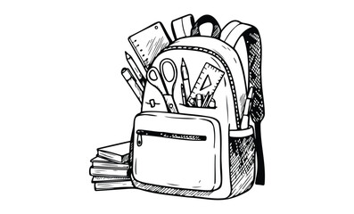 Illustrated school backpack filled with books and stationary essentials. Vector retro hand drawn illustration.